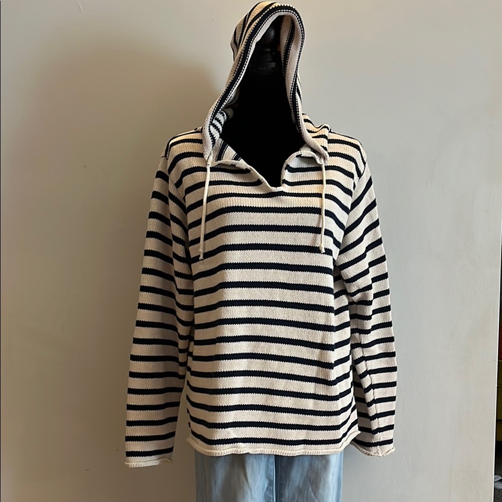 Binghamton Knitting Co Nautical Stripe Sweater, size L, hooded, 100% cotton